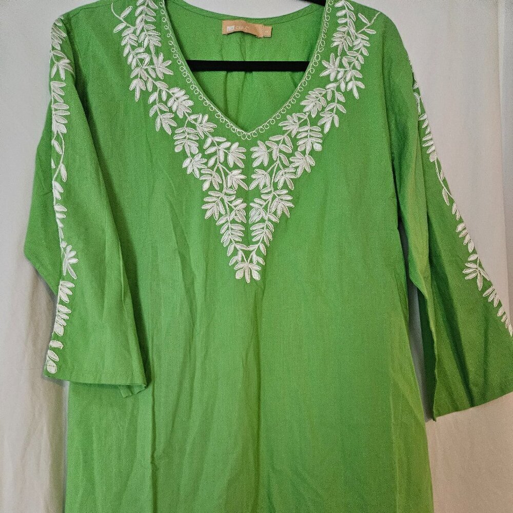La Cera Lime Green Embroidered Tunic Top 3/4 sleeves Size Large